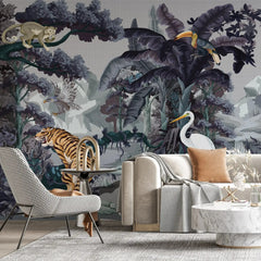3129-C / Botanical Jungle Scene Wallpaper, Jungle Adventure: Peel and Stick Wallpaper, Exotic Jungle Animals Wall Decor - Temporary Wallpaper for Renters, Easy Peel Off - Artevella