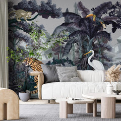 3129-C / Botanical Jungle Scene Wallpaper, Jungle Adventure: Peel and Stick Wallpaper, Exotic Jungle Animals Wall Decor - Temporary Wallpaper for Renters, Easy Peel Off - Artevella