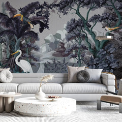 3129-C / Botanical Jungle Scene Wallpaper, Jungle Adventure: Peel and Stick Wallpaper, Exotic Jungle Animals Wall Decor - Temporary Wallpaper for Renters, Easy Peel Off - Artevella