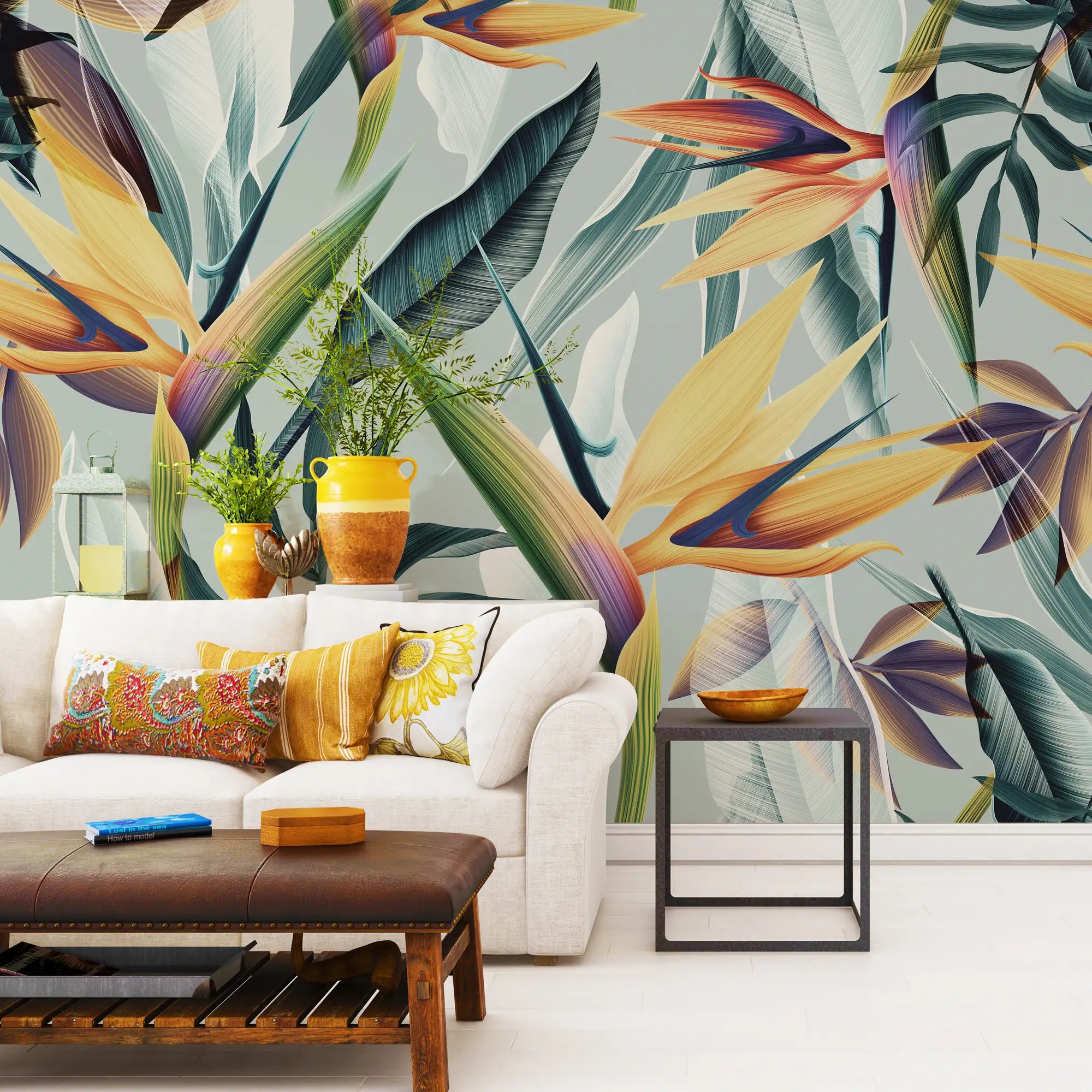3137-A / Floral Boho Wallpaper, Bird of Paradise Pattern - Removable Wallpaper Peel and Stick Wall Mural - Artevella