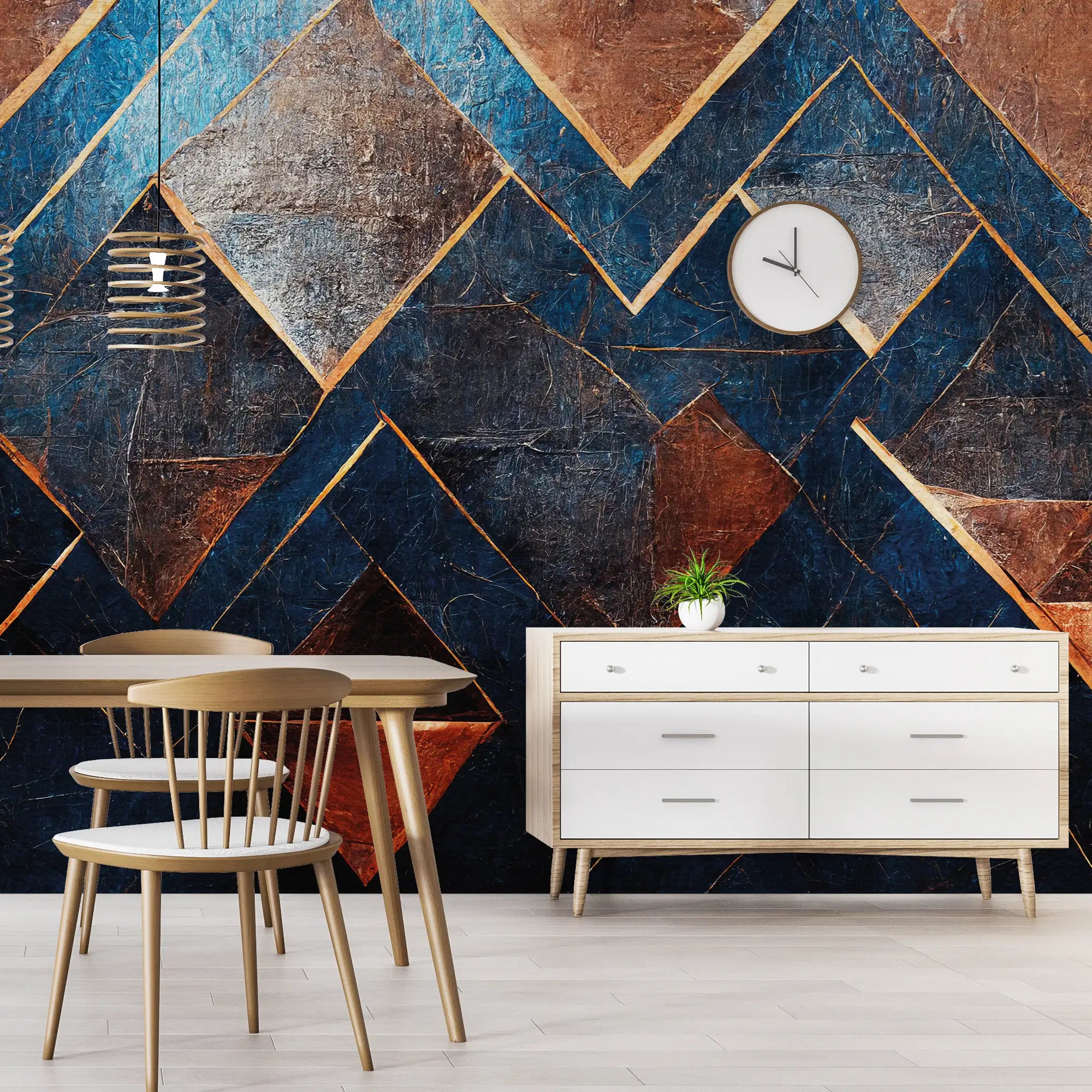 3165 / Unique Geometric Peelable Stickable Wallpaper, Blue & Copper, Bold Patterns & Textures, Perfect for Bathroom, Bedroom or Kitchen - Artevella
