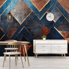 3165 / Unique Geometric Peelable Stickable Wallpaper, Blue & Copper, Bold Patterns & Textures, Perfect for Bathroom, Bedroom or Kitchen - Artevella