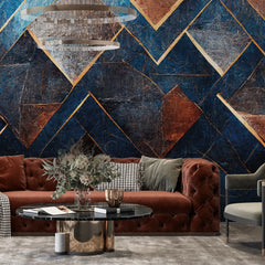 3165 / Unique Geometric Peelable Stickable Wallpaper, Blue & Copper, Bold Patterns & Textures, Perfect for Bathroom, Bedroom or Kitchen - Artevella