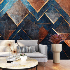 3165 / Unique Geometric Peelable Stickable Wallpaper, Blue & Copper, Bold Patterns & Textures, Perfect for Bathroom, Bedroom or Kitchen - Artevella