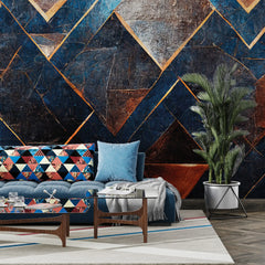 3165 / Unique Geometric Peelable Stickable Wallpaper, Blue & Copper, Bold Patterns & Textures, Perfect for Bathroom, Bedroom or Kitchen - Artevella