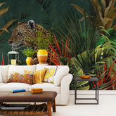 3177 / Wild Leopard in Rainforest - Peelable Stickable Wallpaper, Botanical Wallpaper, Wallpaper for Bathroom, Tropical Jungle Mural - Artevella