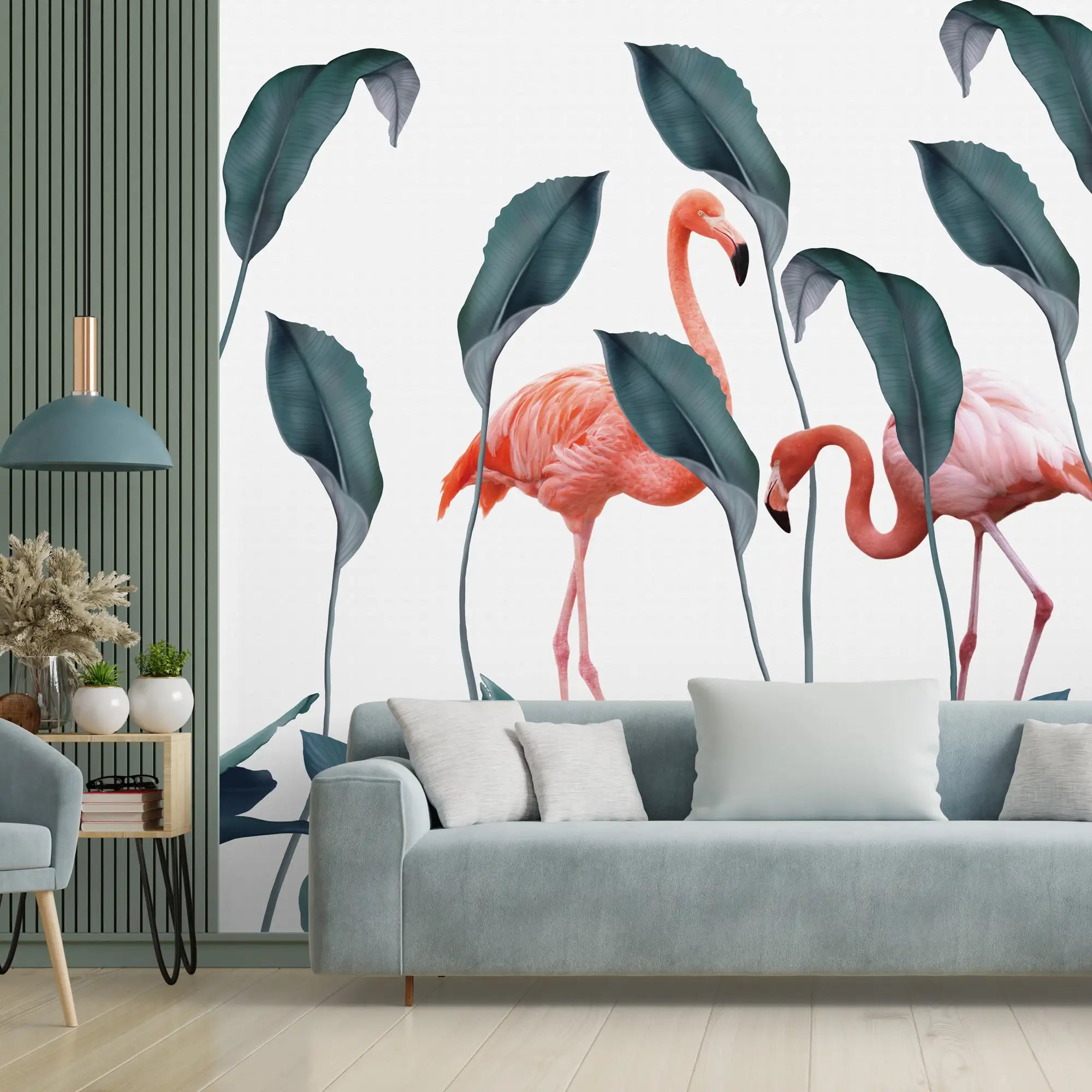 3207 / 3D Botanical Bamboo, Green Leaf, and Flamingo Mural, Removable Peel & Stick Wallpaper for Modern Homes - Artevella