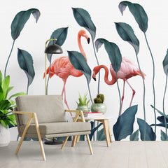 3207 / 3D Botanical Bamboo, Green Leaf, and Flamingo Mural, Removable Peel & Stick Wallpaper for Modern Homes - Artevella