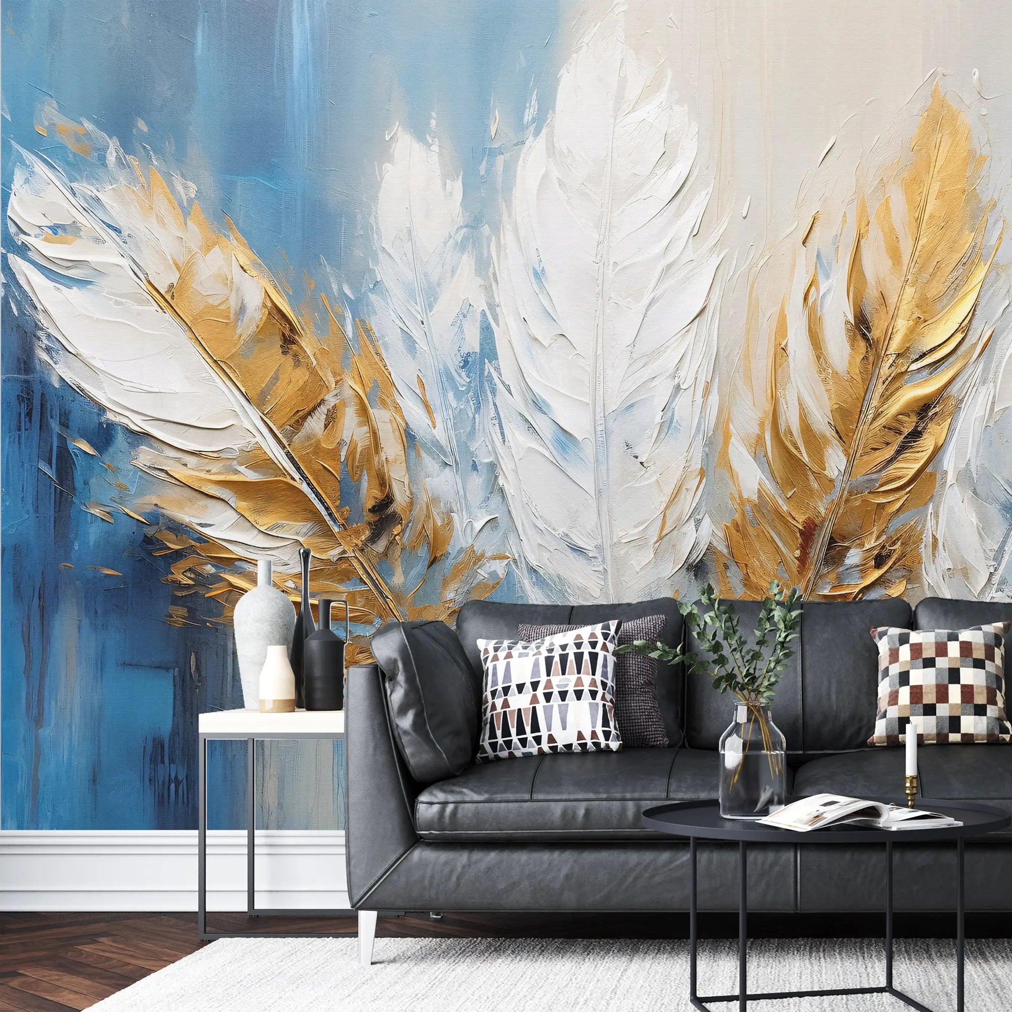 3234 / Elegant Feather Art Wallpaper, Blue and Gold Wall Mural, Chic Feather Design Decor, Soft Touch Luxury Mural - Artevella