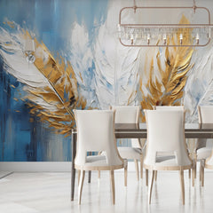3234 / Elegant Feather Art Wallpaper, Blue and Gold Wall Mural, Chic Feather Design Decor, Soft Touch Luxury Mural - Artevella
