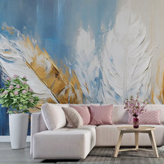 3234 / Elegant Feather Art Wallpaper, Blue and Gold Wall Mural, Chic Feather Design Decor, Soft Touch Luxury Mural - Artevella