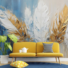 3234 / Elegant Feather Art Wallpaper, Blue and Gold Wall Mural, Chic Feather Design Decor, Soft Touch Luxury Mural - Artevella