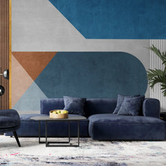 3255 / Geometric Pattern Wallpaper, Modern Textured Wall Art, Blue and Brown Abstract Mural, Contemporary Metallic Accents - Artevella