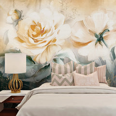 3256 / Pastel Floral Wallpaper, Elegant Bloom Wall Mural, Soft Tone Flower Art, Gold Accented Botanical Decor, Luxurious Nature Design - Artevella