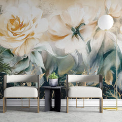 3256 / Pastel Floral Wallpaper, Elegant Bloom Wall Mural, Soft Tone Flower Art, Gold Accented Botanical Decor, Luxurious Nature Design - Artevella
