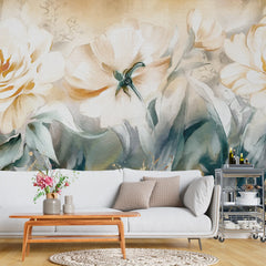 3256 / Pastel Floral Wallpaper, Elegant Bloom Wall Mural, Soft Tone Flower Art, Gold Accented Botanical Decor, Luxurious Nature Design - Artevella