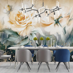 3256 / Pastel Floral Wallpaper, Elegant Bloom Wall Mural, Soft Tone Flower Art, Gold Accented Botanical Decor, Luxurious Nature Design - Artevella
