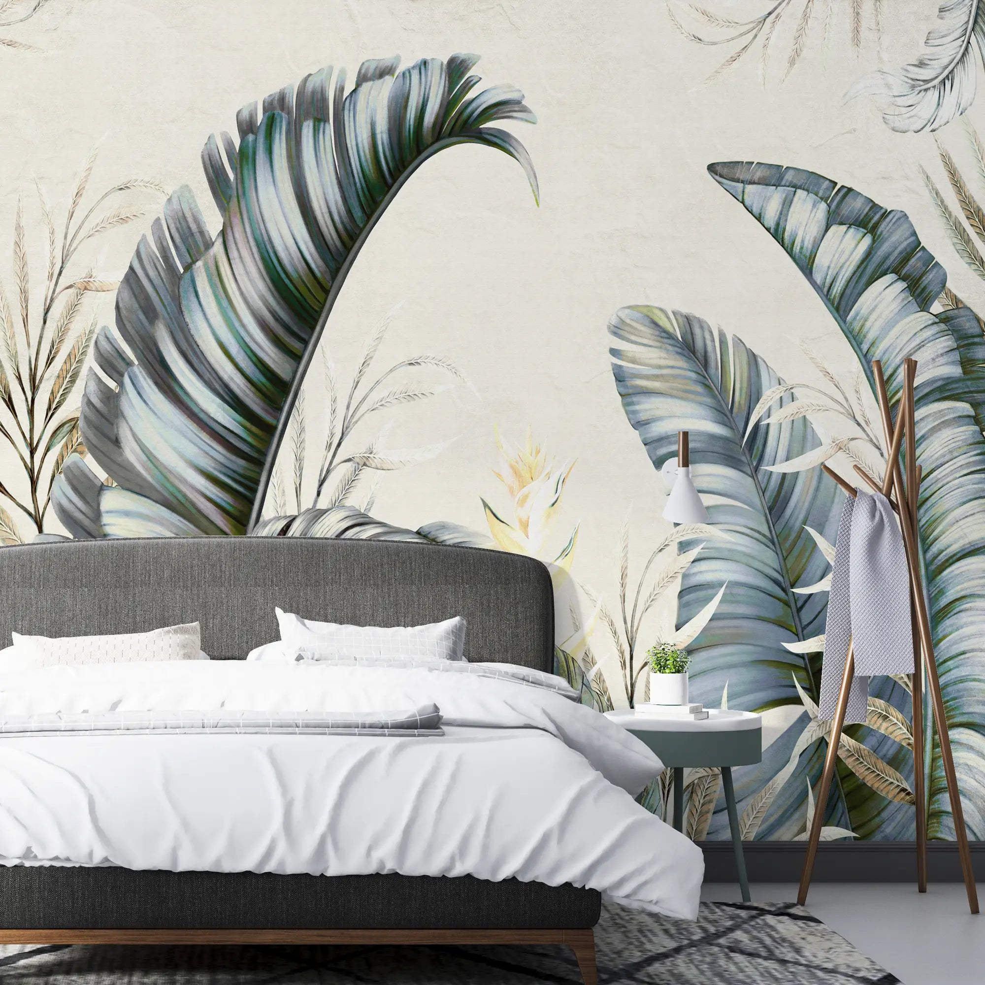 3260 / Tropical Leaf Wallpaper Mural, Chic Exotic Palm Botanical Art, Monochrome Foliage Design, Neutral Home Decor - Artevella