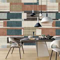 3261 / Modern Geometric Wallpaper, Abstract Rectangle Mural, Muted Blue and Red Stripe Design, Chic Neutral Wall Art Decor - Artevella