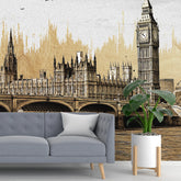 3262 / Vintage London Skyline Wallpaper, Iconic Big Ben and Parliament Wall Mural, Sepia Toned Cityscape Art, Classic Home Decor - Artevella