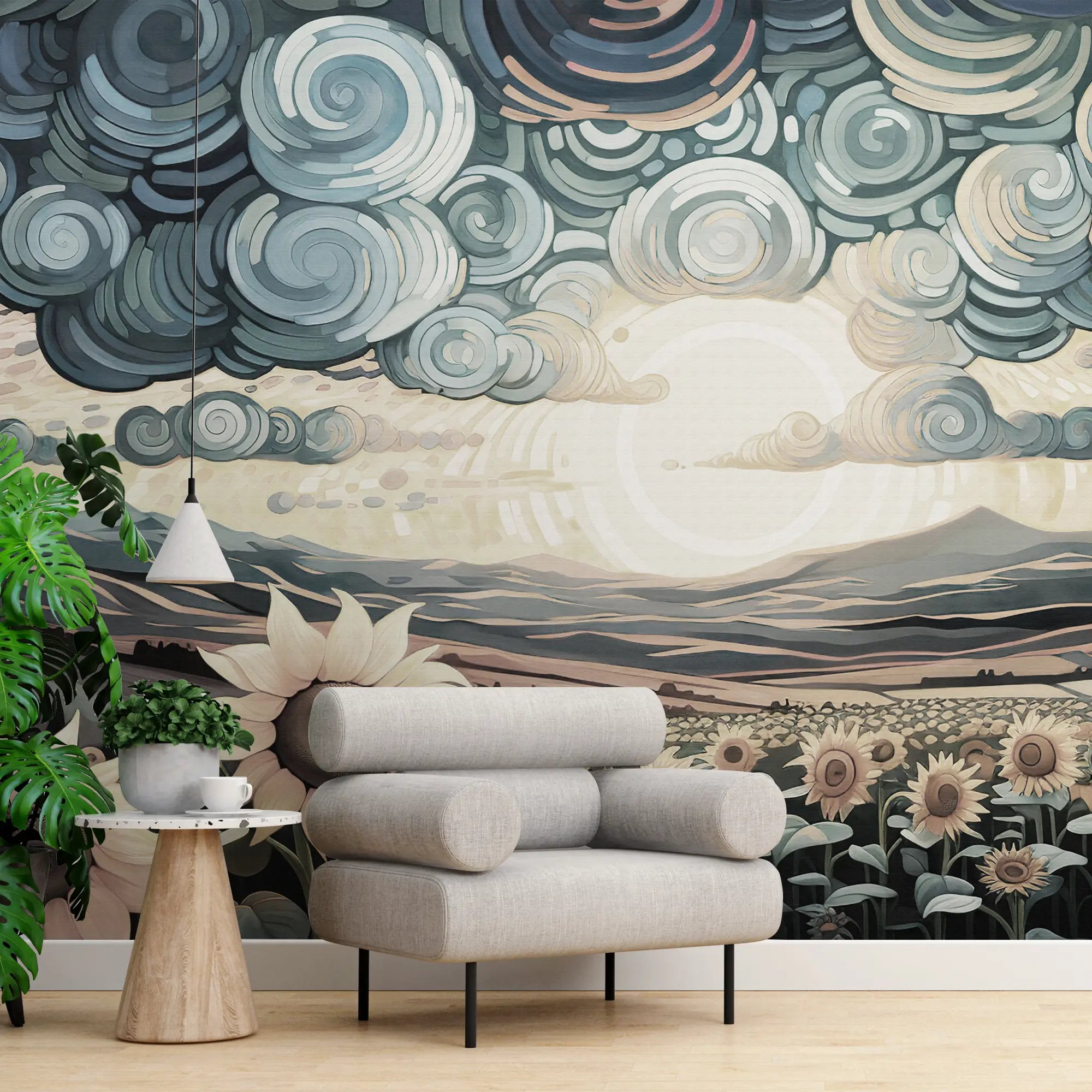 3263 / Stylized Sunflower Field Wallpaper, Artistic Mountain and Cloud Mural, Whimsical Countryside Wall Art, Serene Home Decor - Artevella