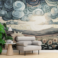 3263 / Stylized Sunflower Field Wallpaper, Artistic Mountain and Cloud Mural, Whimsical Countryside Wall Art, Serene Home Decor - Artevella