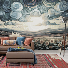 3263 / Stylized Sunflower Field Wallpaper, Artistic Mountain and Cloud Mural, Whimsical Countryside Wall Art, Serene Home Decor - Artevella