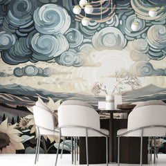 3263 / Stylized Sunflower Field Wallpaper, Artistic Mountain and Cloud Mural, Whimsical Countryside Wall Art, Serene Home Decor - Artevella