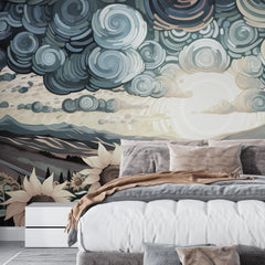 3263 / Stylized Sunflower Field Wallpaper, Artistic Mountain and Cloud Mural, Whimsical Countryside Wall Art, Serene Home Decor - Artevella