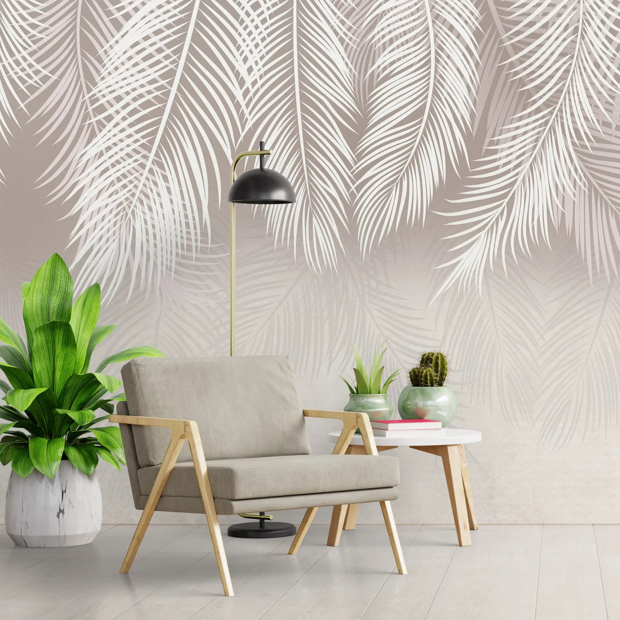 3269 / Elegant Palm Leaves Wallpaper, Chic Monochrome Leaf Mural, Neutral Tones Nature Wall Art, Modern Home Botanical Decor - Artevella