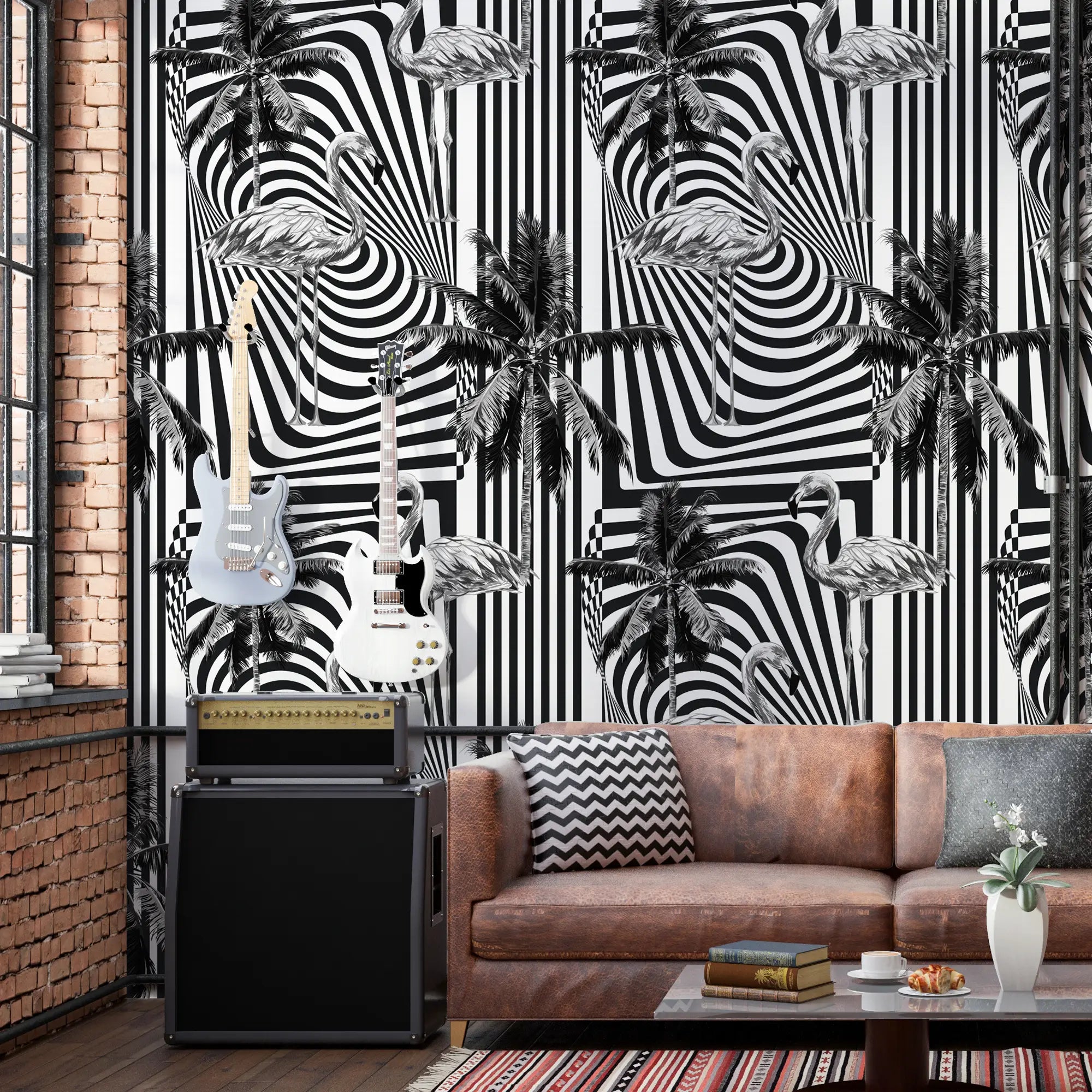 3277 / Elegant Flamingo and Palm Tree Striped Wallpaper - Monochrome Tropical Art for Stylish Home Decor - Artevella