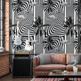 3277 / Elegant Flamingo and Palm Tree Striped Wallpaper - Monochrome Tropical Art for Stylish Home Decor - Artevella