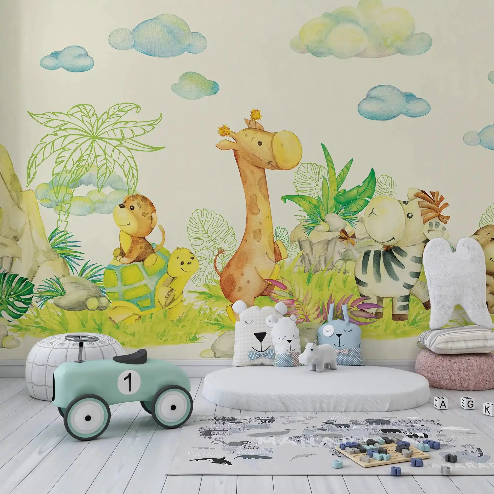 6001 / Cute Zoo Animal Peel and Stick Wallpaper - Removable Nursery Wall Decals for Kids Room - Artevella