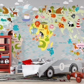 6002 / World Map Animal Mural - Peel and Stick Wallpaper for Kids Room and Nursery Decor - Artevella