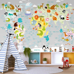 6002 / World Map Animal Mural - Peel and Stick Wallpaper for Kids Room and Nursery Decor - Artevella