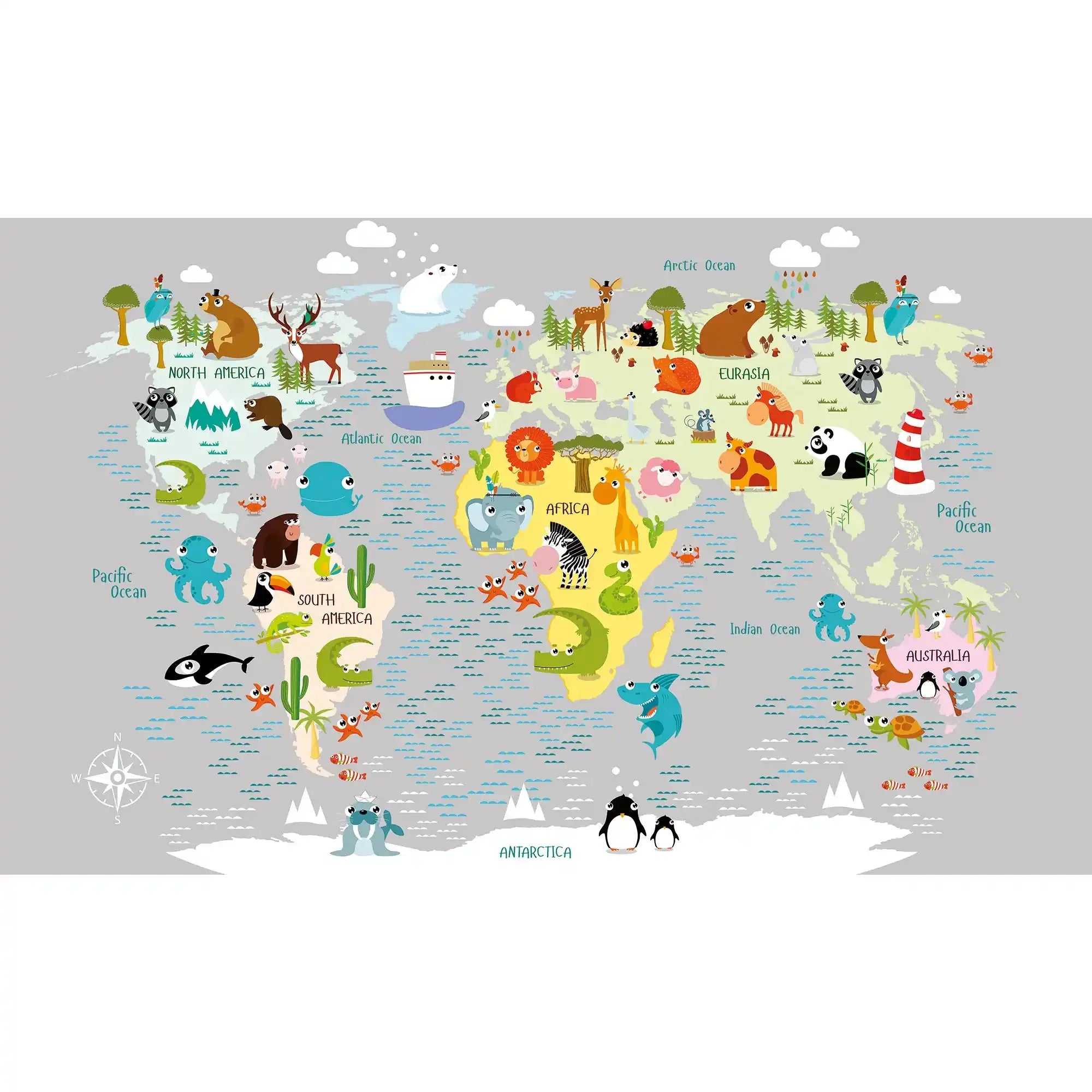 6002 / World Map Animal Mural - Peel and Stick Wallpaper for Kids Room and Nursery Decor - Artevella