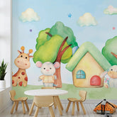 6008 / Child Room Wallpaper with Animal Theme Wall Stickers - Treehouse & Painted Buildings - Self Adhesive Mural - Artevella