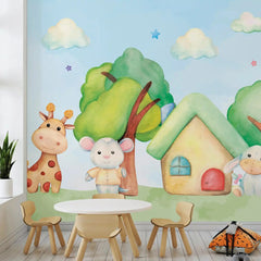6008 / Child Room Wallpaper with Animal Theme Wall Stickers - Treehouse & Painted Buildings - Self Adhesive Mural - Artevella