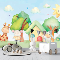 6008 / Child Room Wallpaper with Animal Theme Wall Stickers - Treehouse & Painted Buildings - Self Adhesive Mural - Artevella