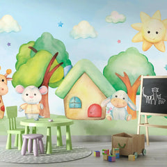 6008 / Child Room Wallpaper with Animal Theme Wall Stickers - Treehouse & Painted Buildings - Self Adhesive Mural - Artevella