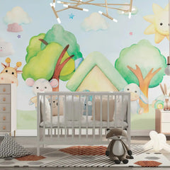 6008 / Child Room Wallpaper with Animal Theme Wall Stickers - Treehouse & Painted Buildings - Self Adhesive Mural - Artevella
