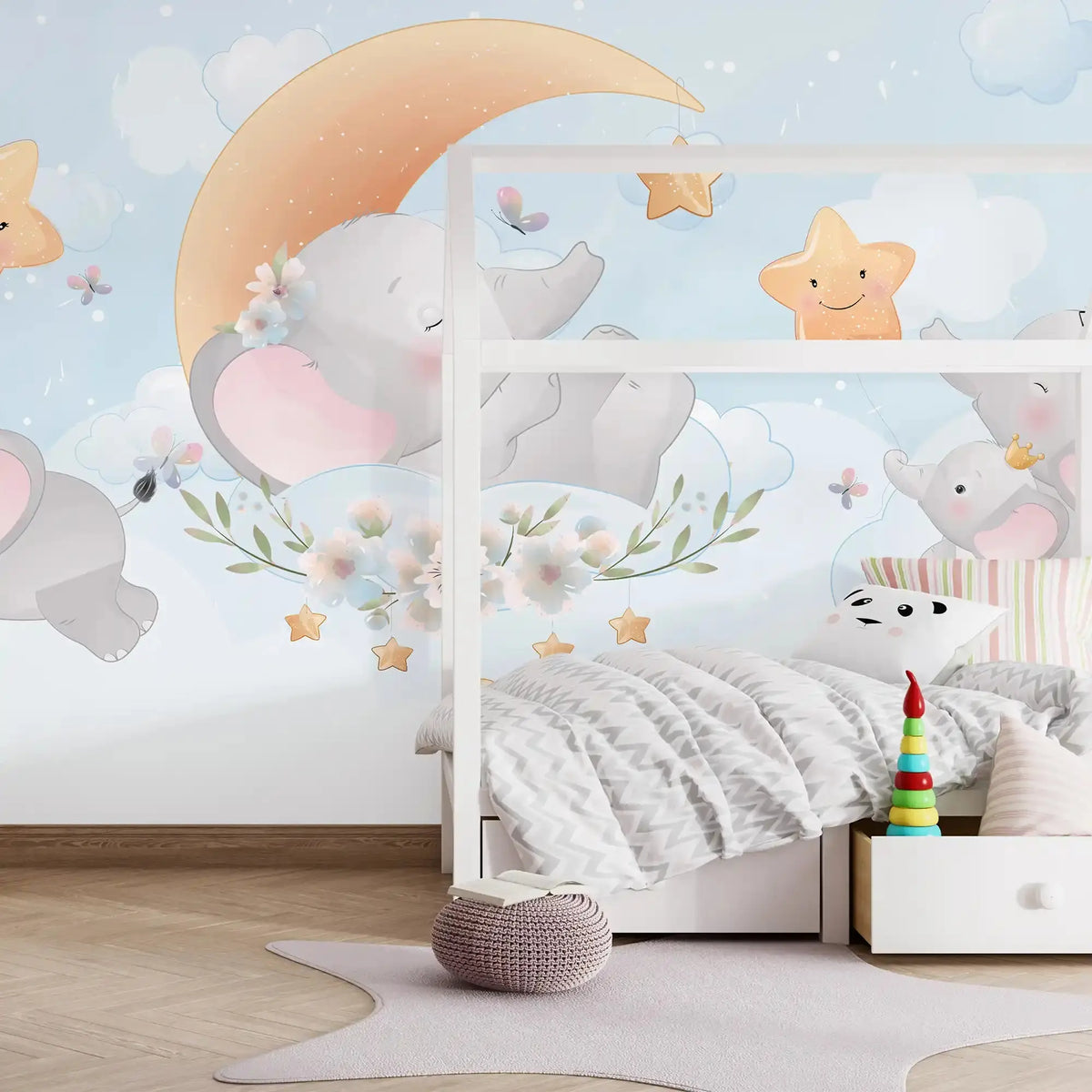 6009 / Self Adhesive, Removable Nursery Wallpaper with Elephant & Floral Design for Child Room - Artevella