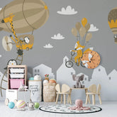6013 / Kids Room Peel and Stick Wallpaper with Penguin and Hot Air Balloons Theme - Nursery Decor - Artevella