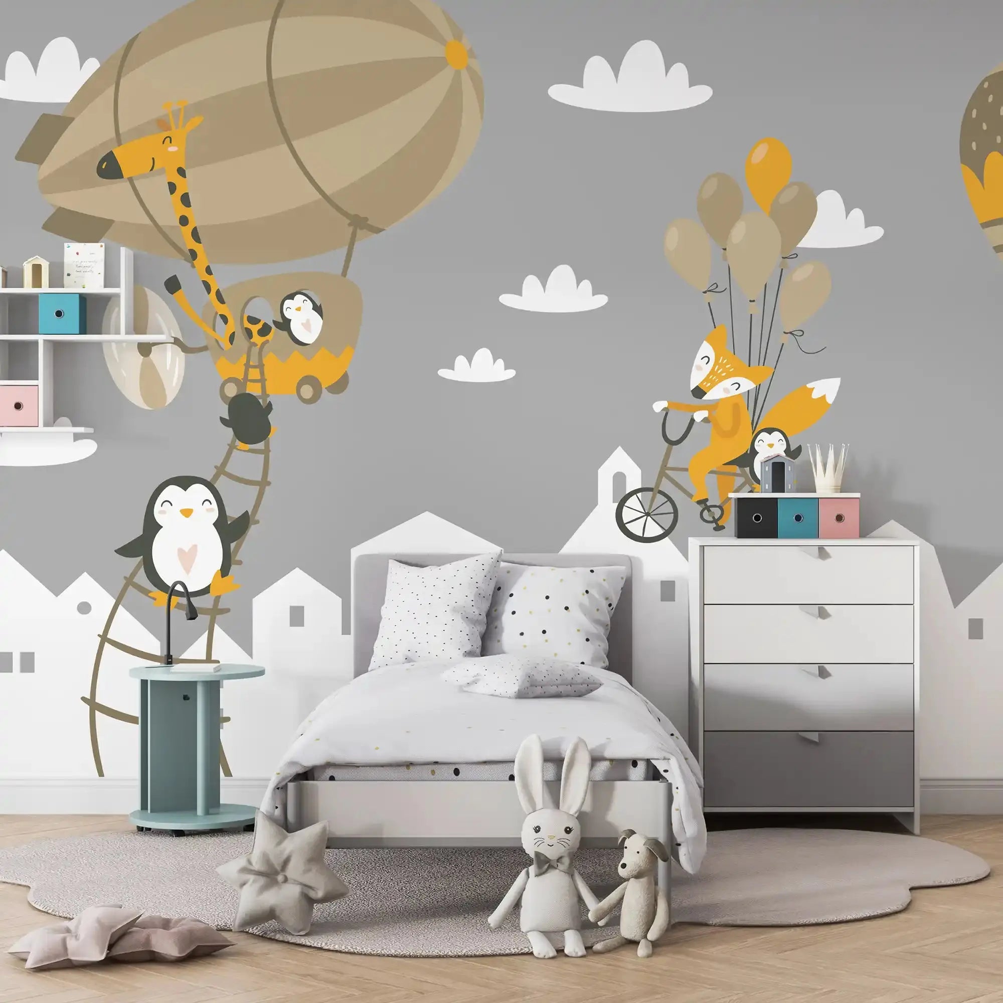 6013 / Kids Room Peel and Stick Wallpaper with Penguin and Hot Air Balloons Theme - Nursery Decor - Artevella