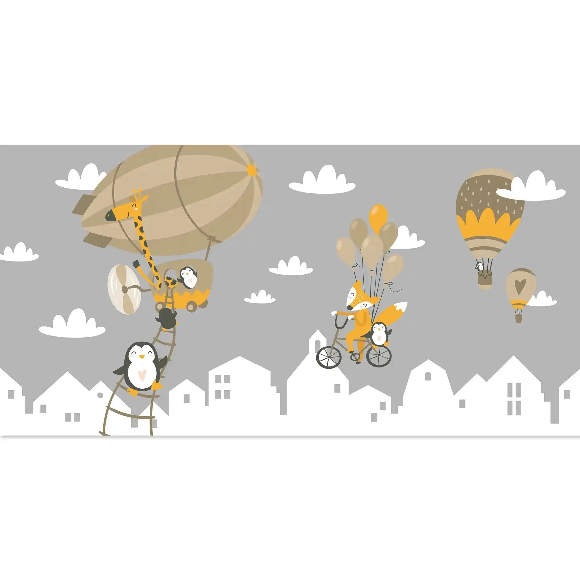 6013 / Kids Room Peel and Stick Wallpaper with Penguin and Hot Air Balloons Theme - Nursery Decor - Artevella
