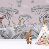 6014 / Boho Kids Room Decor: White Forest Animals Wallpaper with Pink Elephants and Giraffes Theme - Artevella
