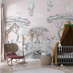 6014 / Boho Kids Room Decor: White Forest Animals Wallpaper with Pink Elephants and Giraffes Theme - Artevella