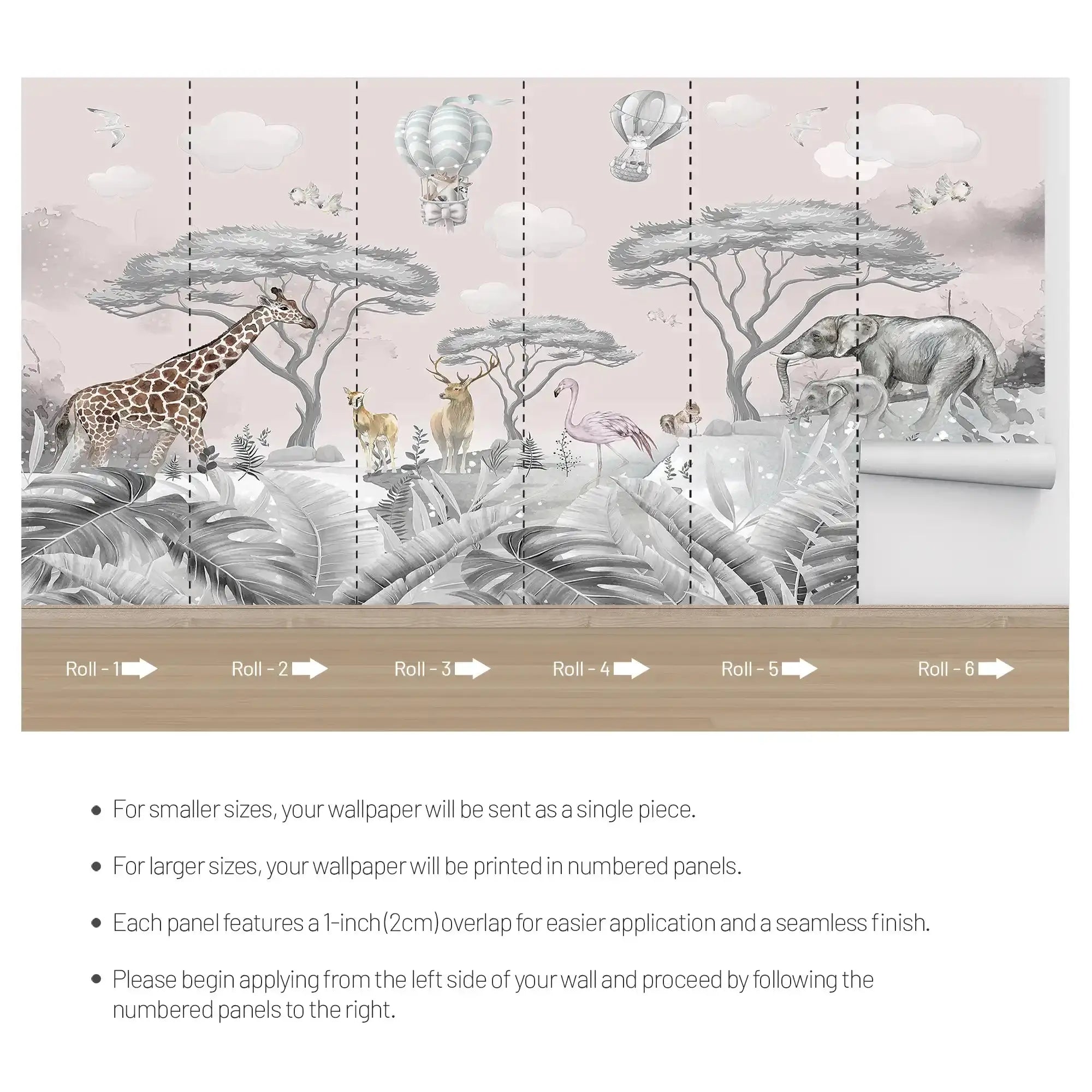 6014 / Boho Kids Room Decor: White Forest Animals Wallpaper with Pink Elephants and Giraffes Theme - Artevella