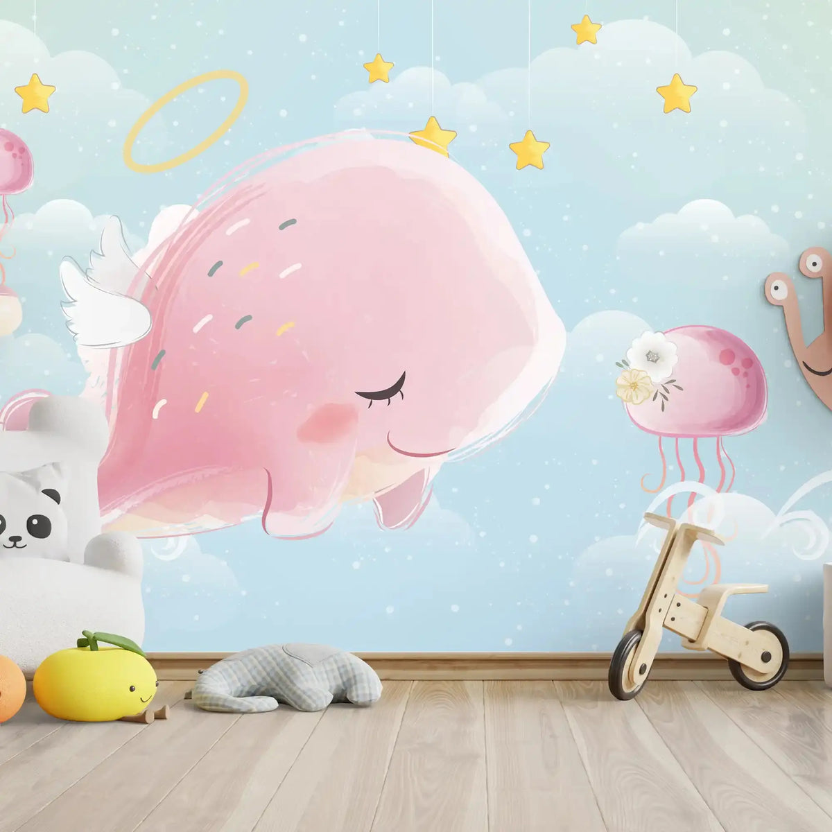 6017 / Baby Room Self Adhesive Wallpaper: Pastel Pink Whale and Starfish, Perfect for DIY Nursery Decor - Artevella