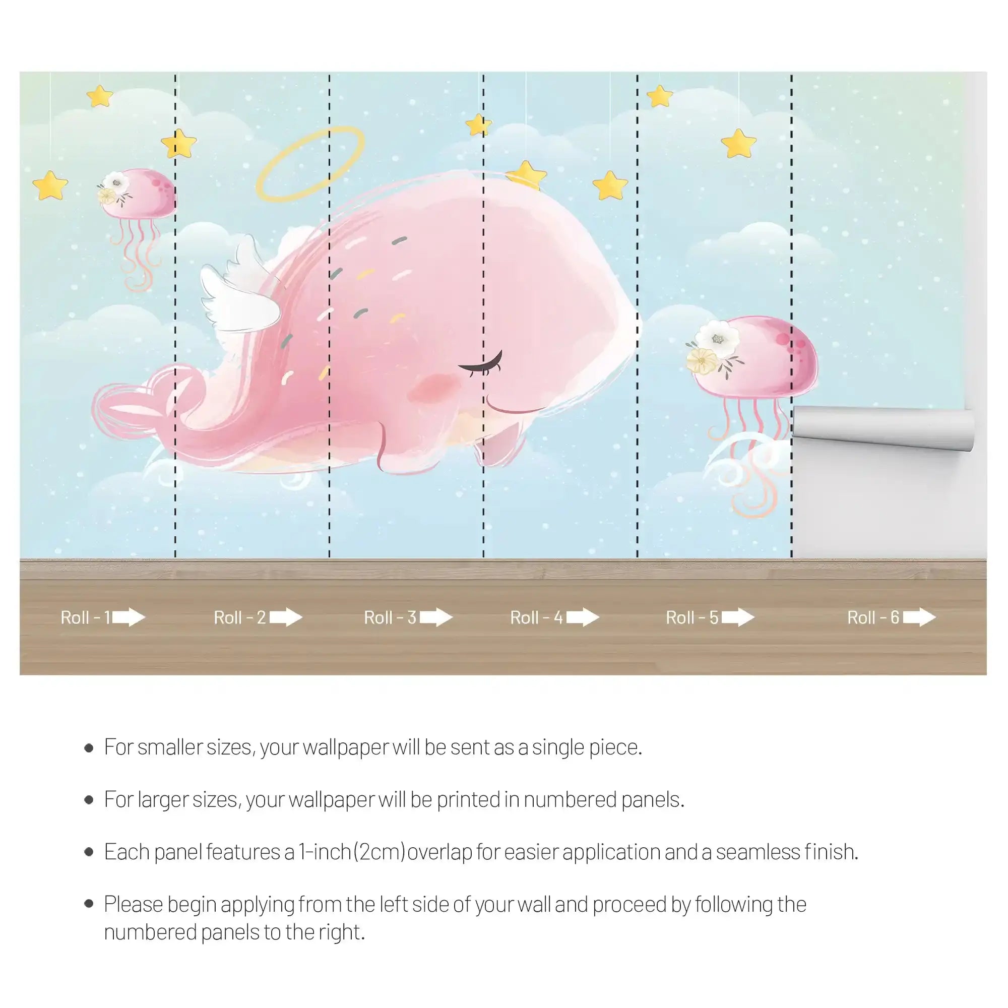 6017 / Baby Room Self Adhesive Wallpaper: Pastel Pink Whale and Starfish, Perfect for DIY Nursery Decor - Artevella